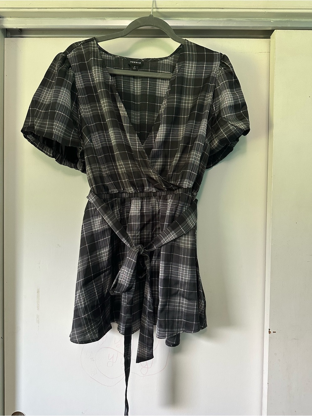Torrid Black Plaid Wrap Blouse with Tie Waist